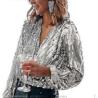 Women's Sparkle Sequin V-neck Long-sleeved Party Shirt XY1