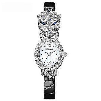 MOKAGO Dameur med Leopardhoved og Krystal - Luksuriøst Diamantudsmykket Sort Læderrem, Moderigtigt Quartz Armbåndsur til Elegant Stil