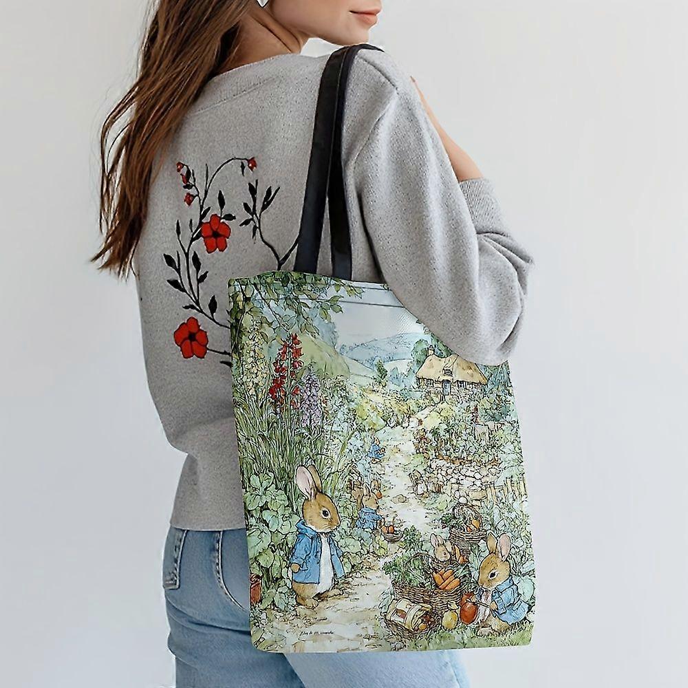 Sac cabas femme en polyester, imprimé recto verso, motif lapin de jardin fantaisiste, bandoulière simple - Rpolk