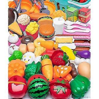 Educational Cutting Play Food Toy Set - 60 Pcs with Shopping Basket and Plastic Mini Dishes