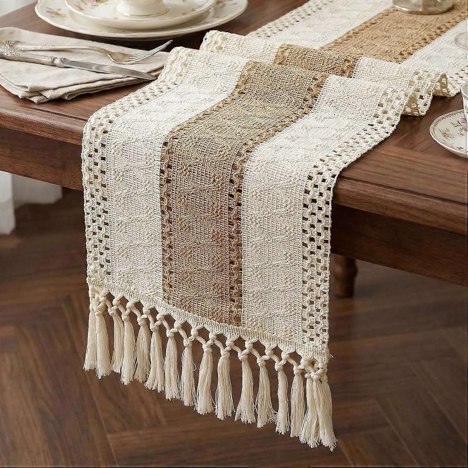 Boho Macrame Table Runner with Tassels Farmhouse Rustic Dining Woven Table Runner for Bedr