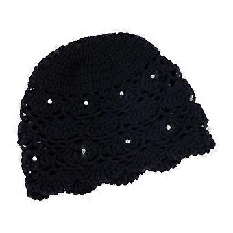Crochet Bucket Hat with Pearl Decor for Adult Shopping Photography Elastic Hollow out Hat Winter Presents for Woman Black