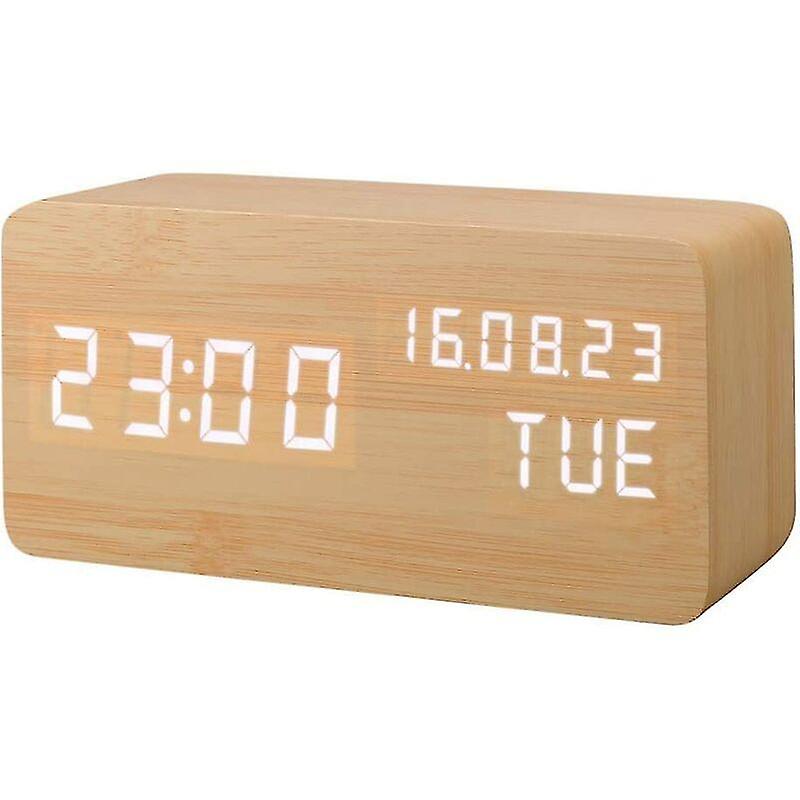 Artificial Wood Led Alarm Clock,sound Activated Digital Clock,with Temperature/humidity/calendar Brightness Usb/battery Plug