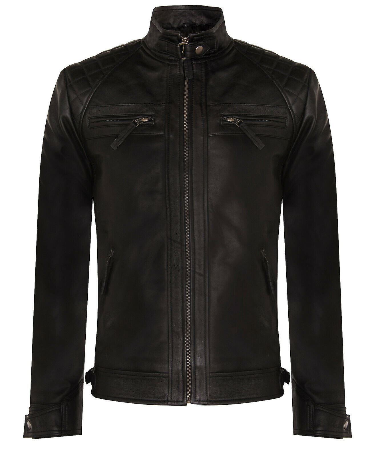 Men's Black Leather Quilted Biker Jacket