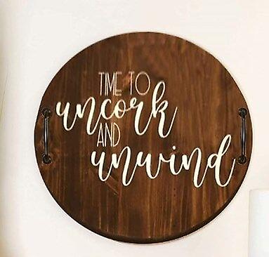 Wooden Circle Serving Tray with Handles and Letter Print - Brown