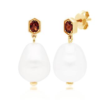 Modern Baroque Pearl & Garnet Drop Earrings in Gold Plated...