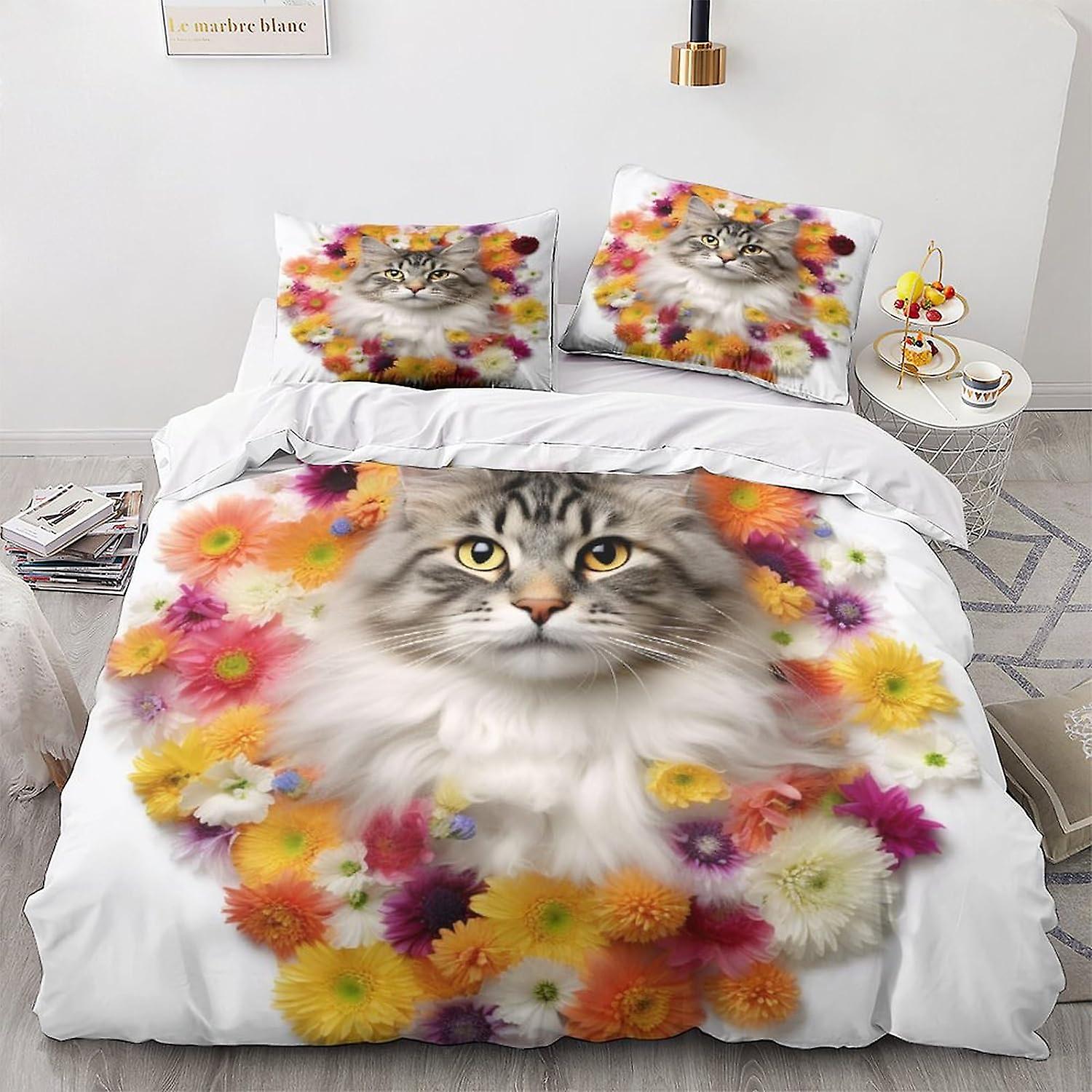 LikeEj Cat Duvet Cover Set, 3D Cute Kitty Bedding Set with Microfiber Pillowcases & Zipper Closure Quilt Case Animal Printed Effect Double