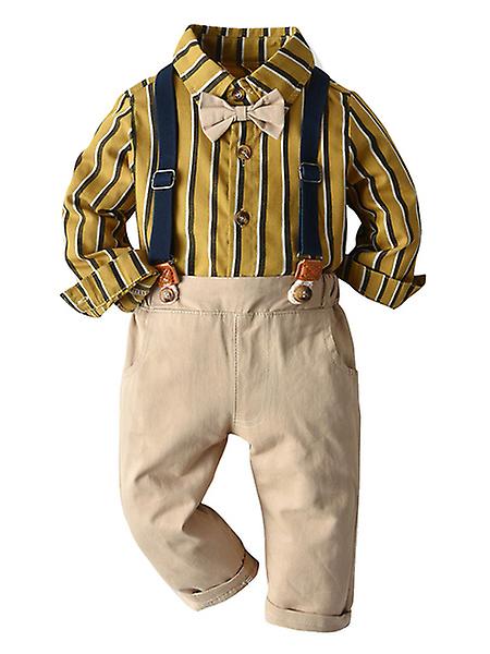 Boys Gentleman Suspender Pant Suit Lapel Stripe Shirt with Elastic Waistband