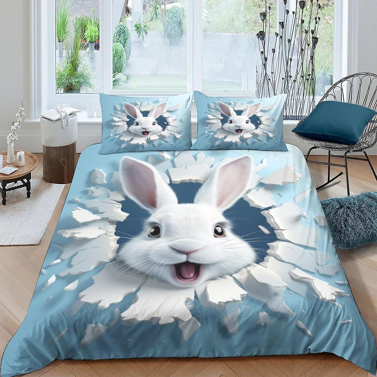 Trendy Rabbit 3D Print Bedding Sets, with Pillow Cases, Duvet Cover Sets Soft Microfiber 3 Pieces, Art Cool Quilt Cover with Zipper Comforter Cover fo