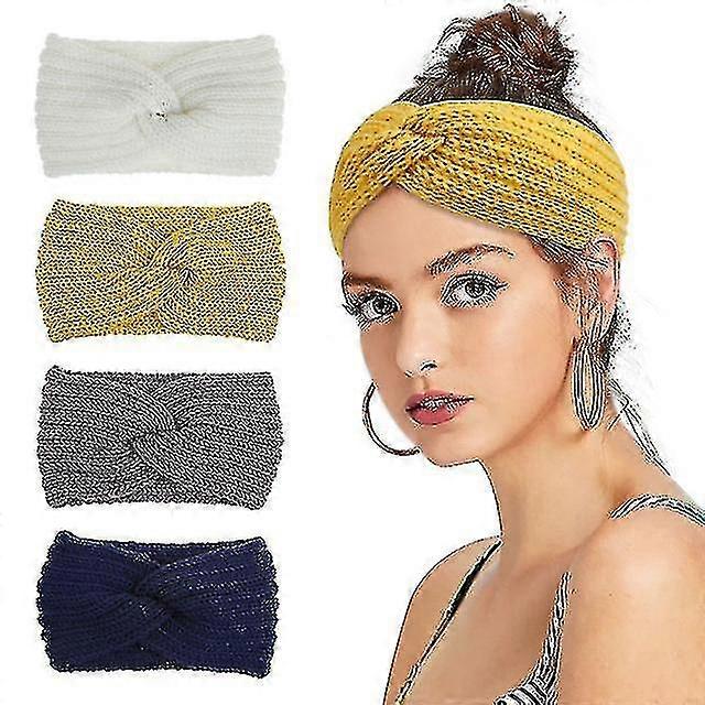 4 Pcs Cross Knot Knitted Headband, Solid Color Elastic Hairband, Wide Winter Warm Head Wrap For Yoga Running & Exercise