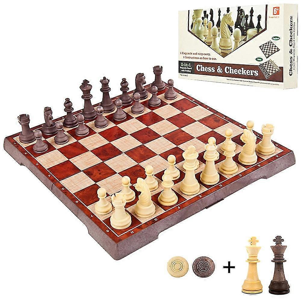 2-in-1 Magnetic Chess Set Folding Chess and Checkers Set Portable Chessboard Travel Games Draughts S