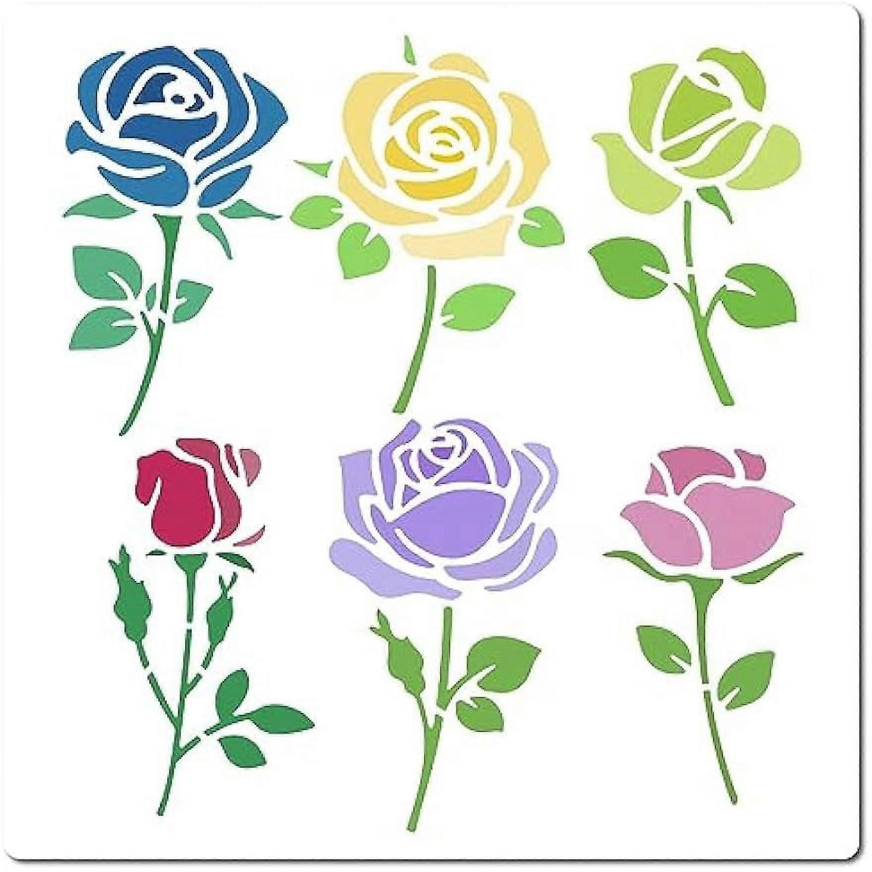 Rose Stencil Flowers with Leaves Templates 18x18cm Single Rose Bouquet Pattern Reusable Square Plastic Stencils Sign for Painting on Wall Canvas Fabri