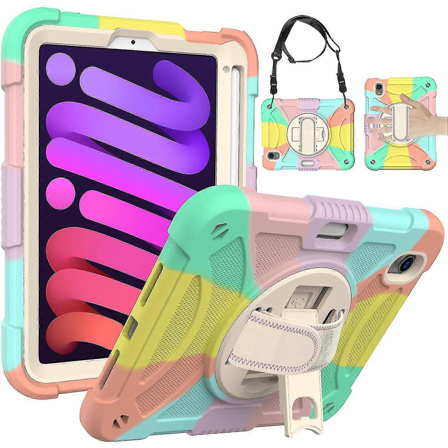 Colorful Case For Ipad Mini 6 With Shoulder Strap, Hand Strap, Adjustable Stand, Fall Protection Cover