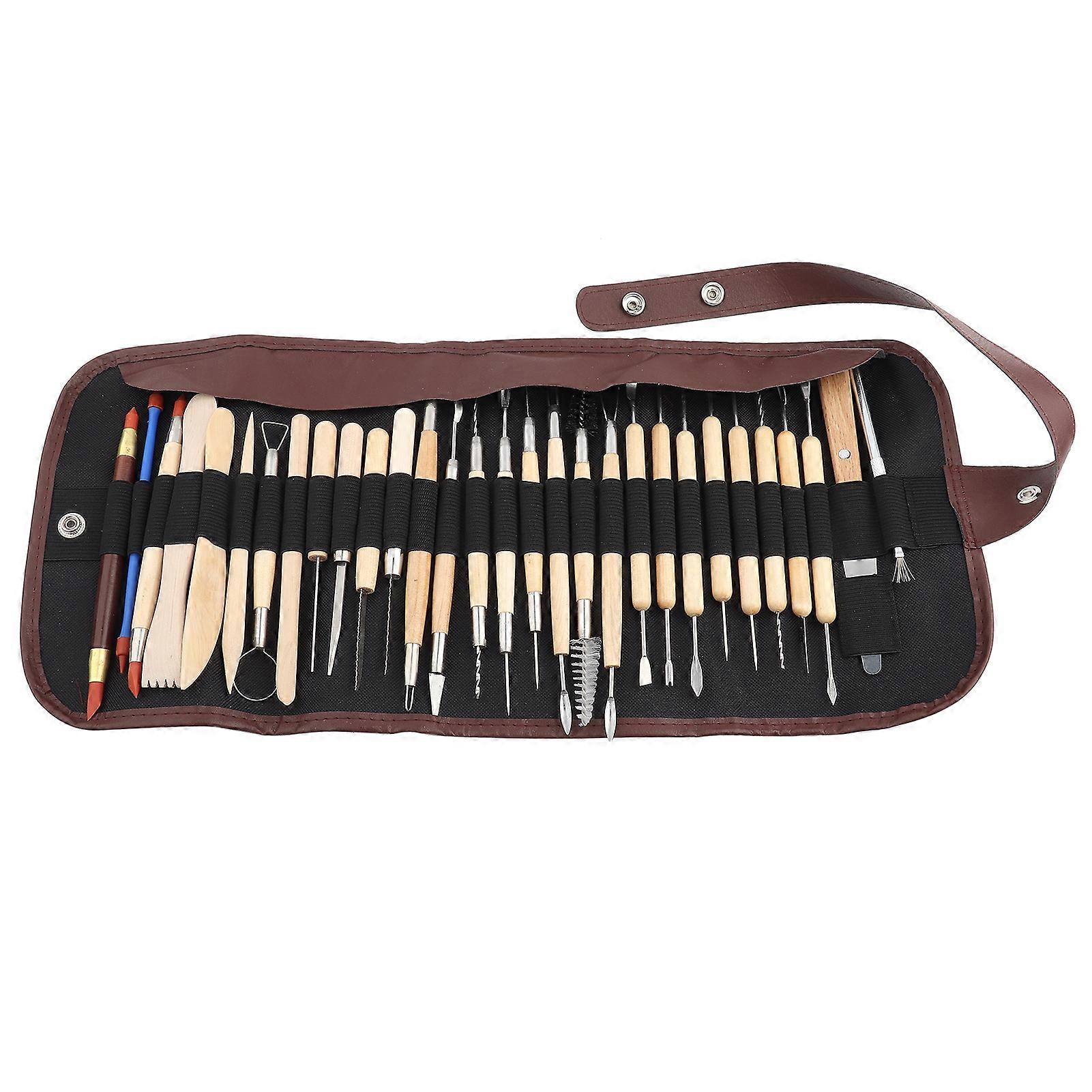 30Pcs Wooden Wax Clay Pottery Carving Modeling Sculpture DIY Craft Tool With Rolling Cloth Bag