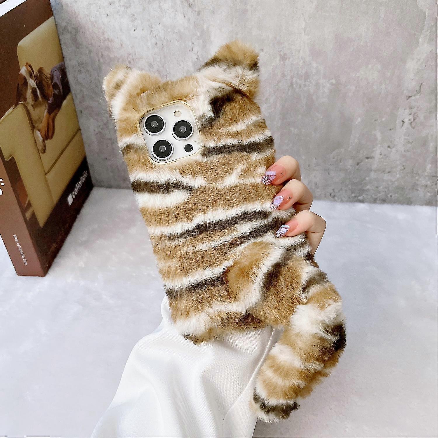 For iPhone 15 Pro Case Cute Tiger Pattern Furry TPU Warm Phone Cover - Tan