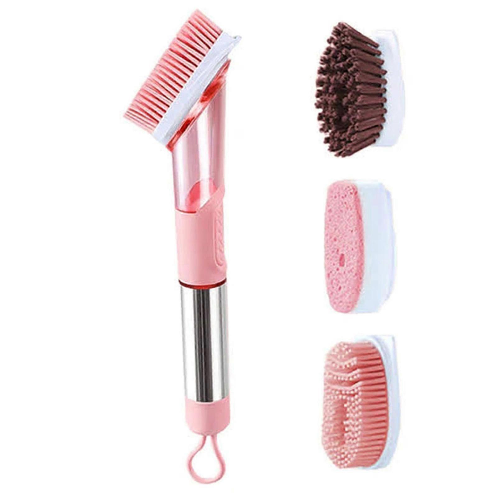 Dish Brush with Soaps Dispenser Portable Kitchen Brush with 3 Interchangeable Sponge Heads Cleaning