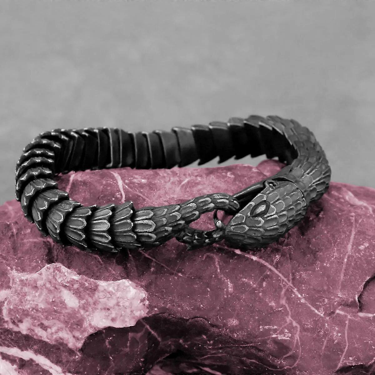 Paslanmaz Çelik Siyah Silah Kaplama Yılan Zincir Bilezik Erkekler s Punk Ouroboros Ölçekler Viking Biker Gotik Bileklik Takı
