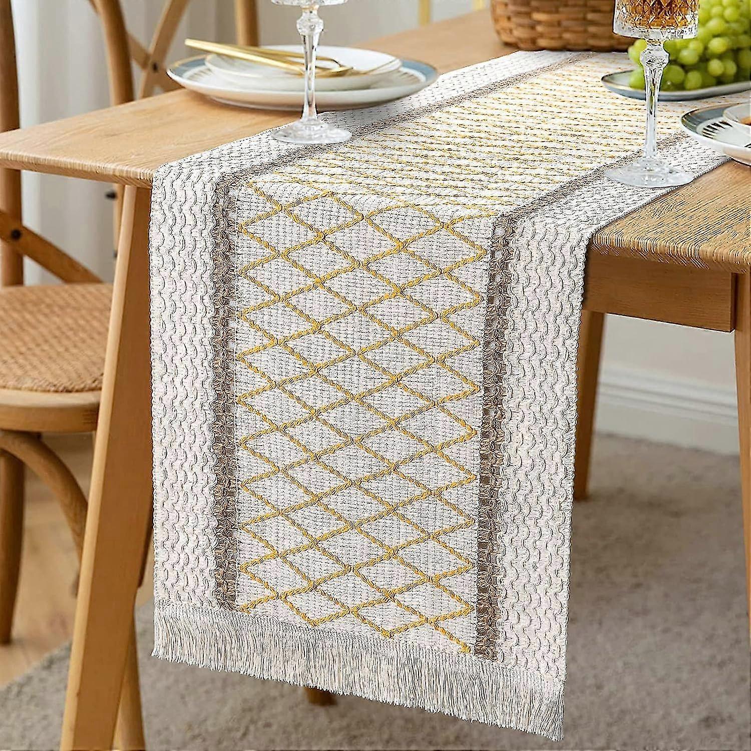 Rustic Macrame Table Runner With Pom Poms, Handwoven, Cotton And Burlap, For Kitchen Table, Dining Room