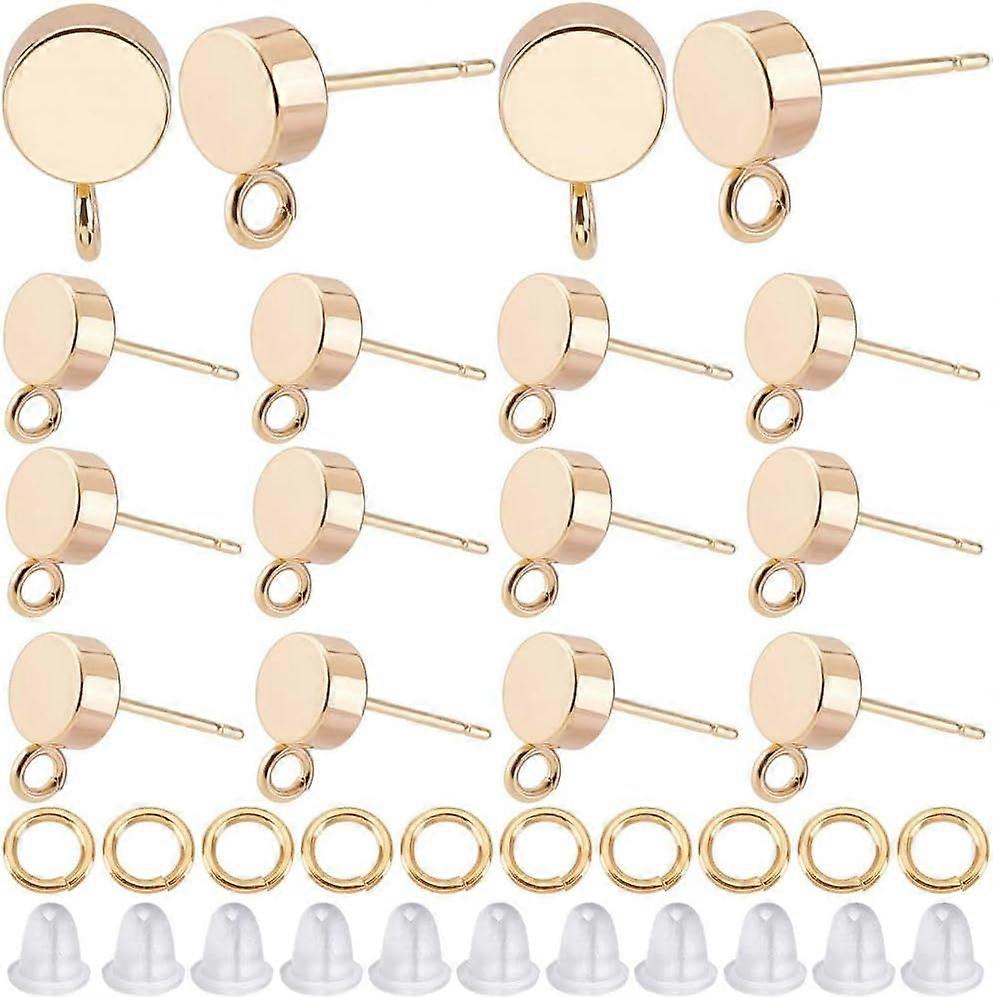 1 Box 40Pcs 18K Gold Plated Brass Flat Round Earring Findings Stud Earrings Post Stud Earring Findings Ear Studs with Vertical Loops Ear Nuts for DIY 