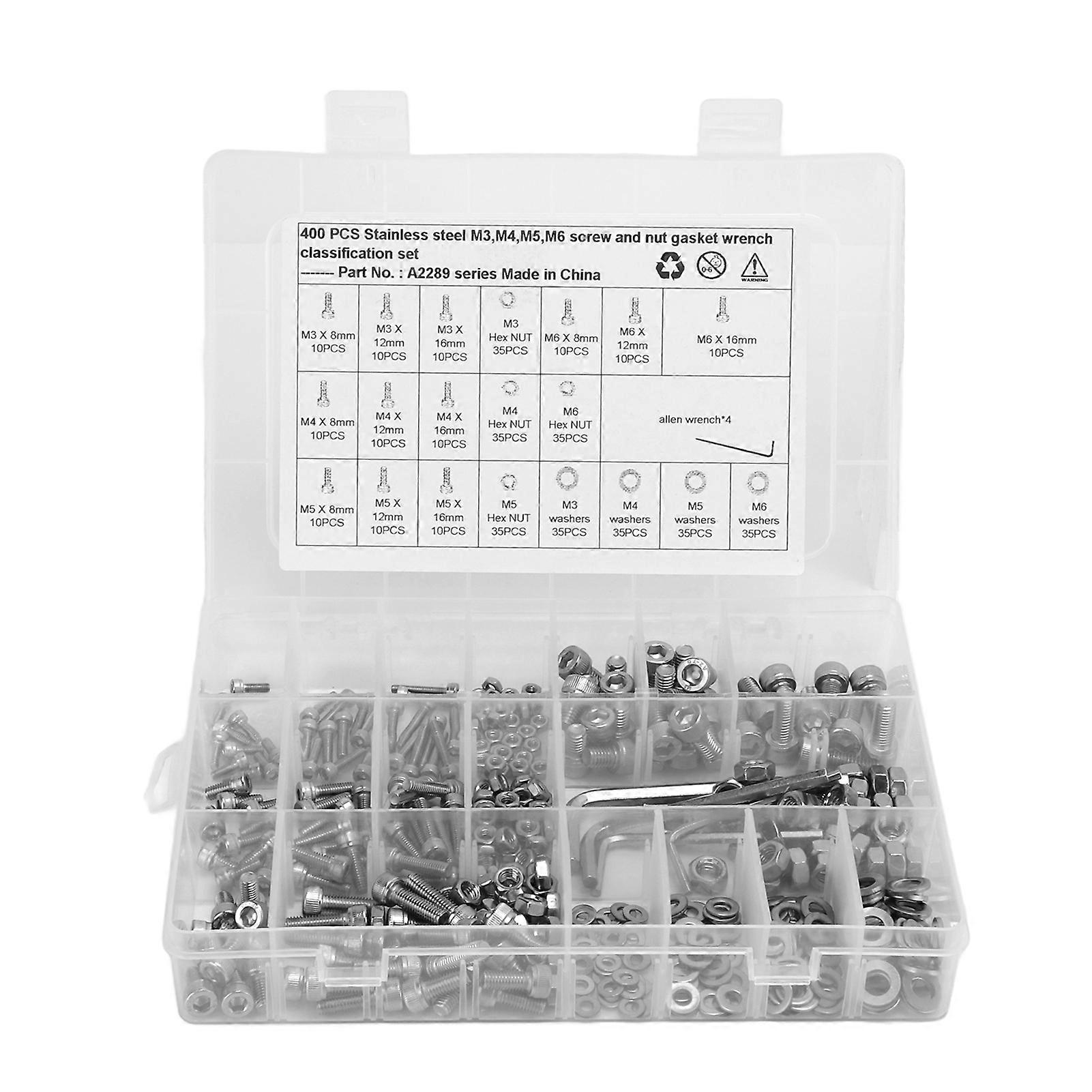 400PCS Vis à six pans creux Écrous Set M3 M4 M5 M6 304 Assortiment en acier inoxydable universel pour voitures camions