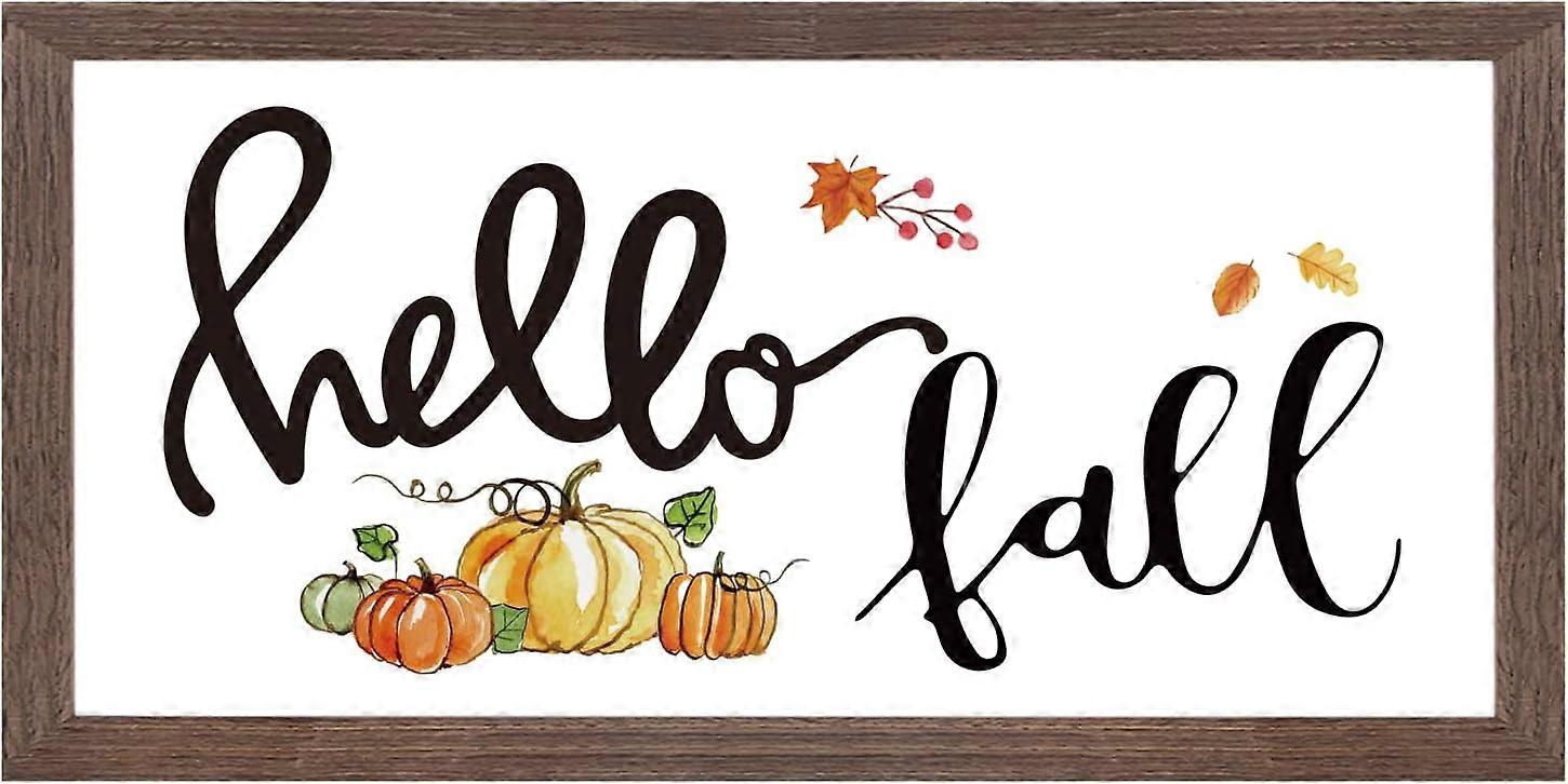 Hello Fall Art Sign Solid Wood Framed Block Sign Pumpkin Pattern Funny Farmhouse Decor Sign with Arylic Layer 13x7 Inch Large Hangable Wooden Frame fo