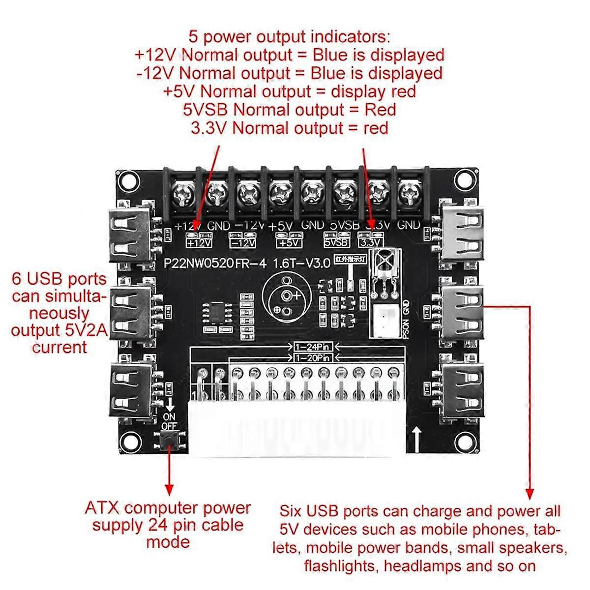 24 Pin/20Pin ATX Power Supply Breakout Board Module Adapter Power Connector Support 12V -12V 5V 5VSB 3.3V with Case