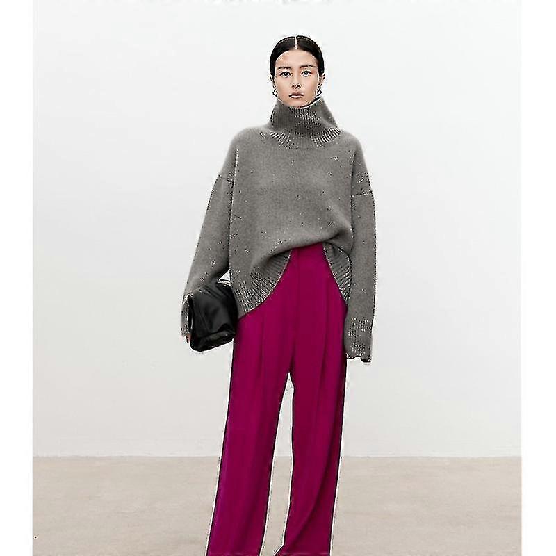 Turtleneck Pure Cashmere Sweater Female Loose And Thick Languid Lazy Wind Pullover Sweater Knitting Base Wool Sweater-jie