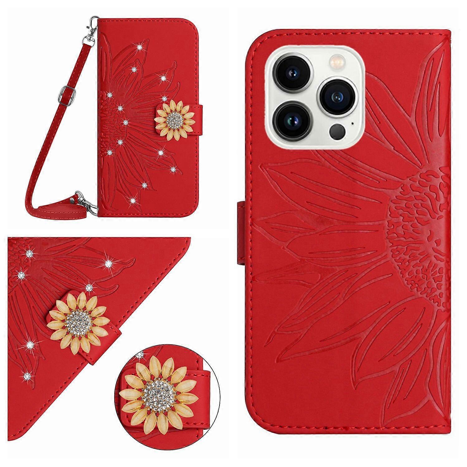 Compatible With iPhone 13 Pro Max Embossed Sunflower with Diamonds Magnetic Card Holder Wallet Phone Case with Shoulder Strap