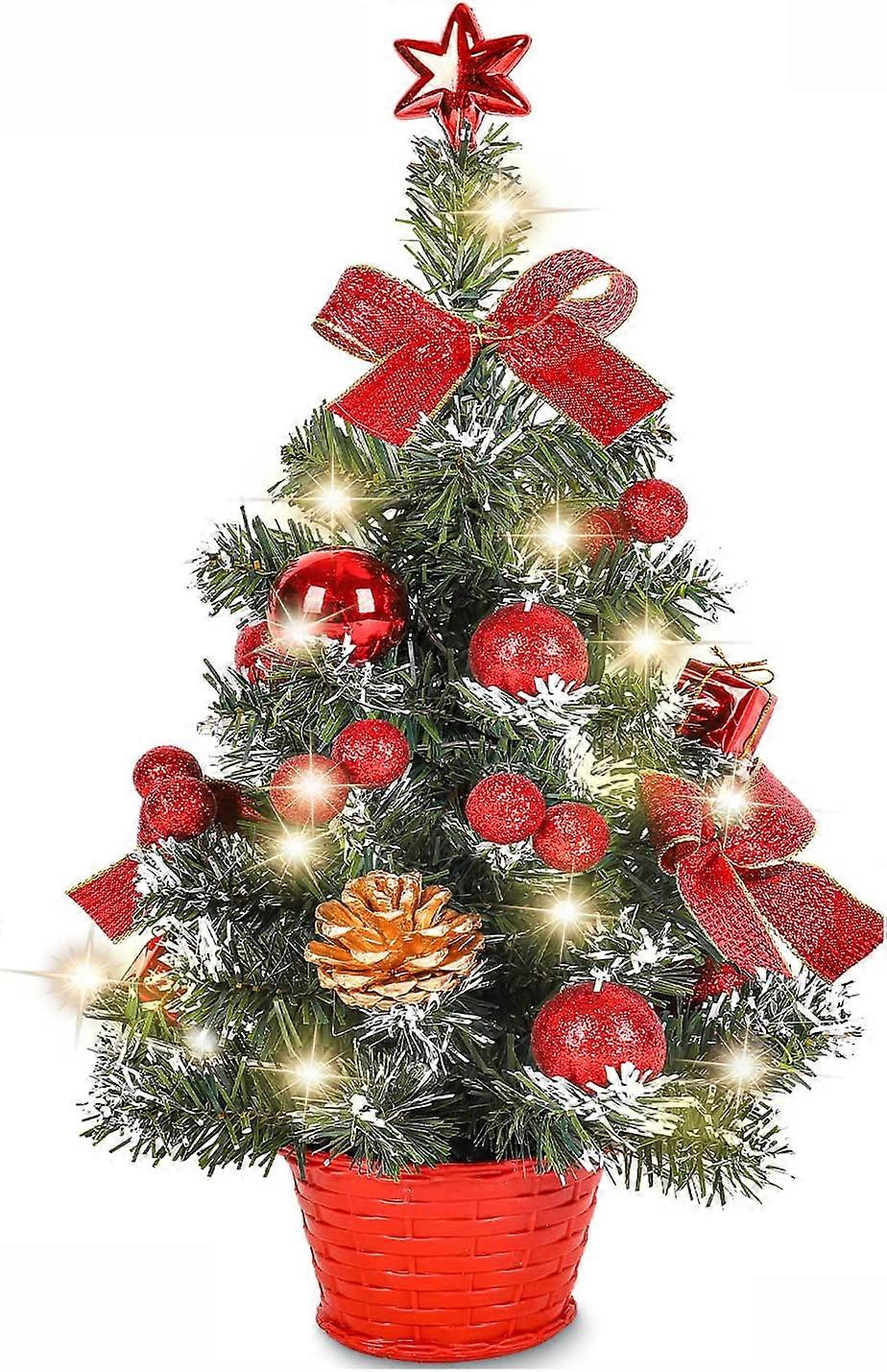 40CM Mini Artificial Christmas Tree, Small Christmas Tree with LED Lights, Mini Desktop Tree Decoration for Office Commercial BarRed