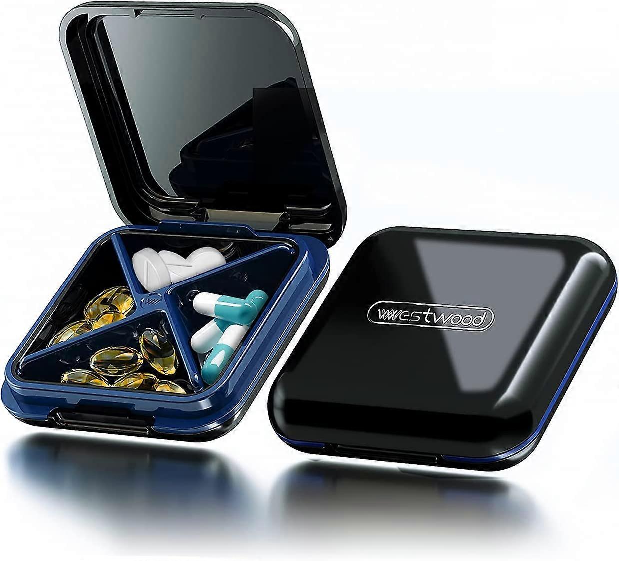 4 Compartment Pill Box Waterproof Pill Box for Travel and Daily Use - Black