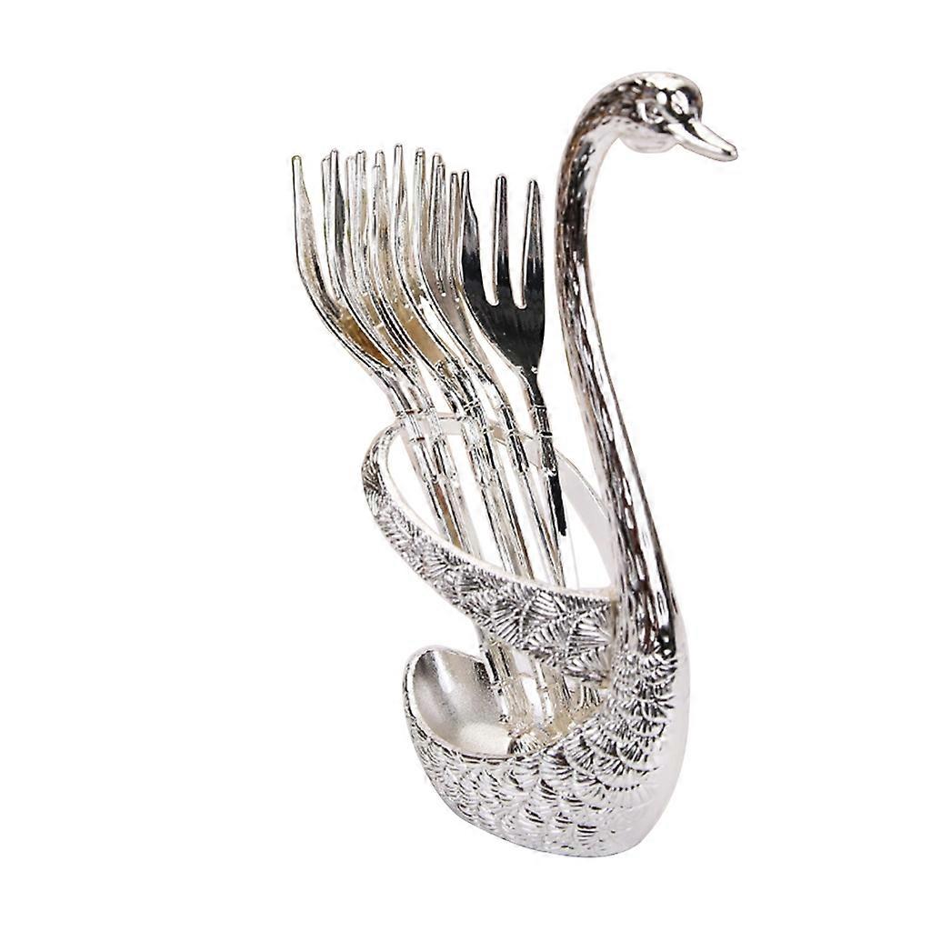 6Pcs Party Flatware Kit with Swan Base Holder Cake Fruit Forks Stirring Spoons