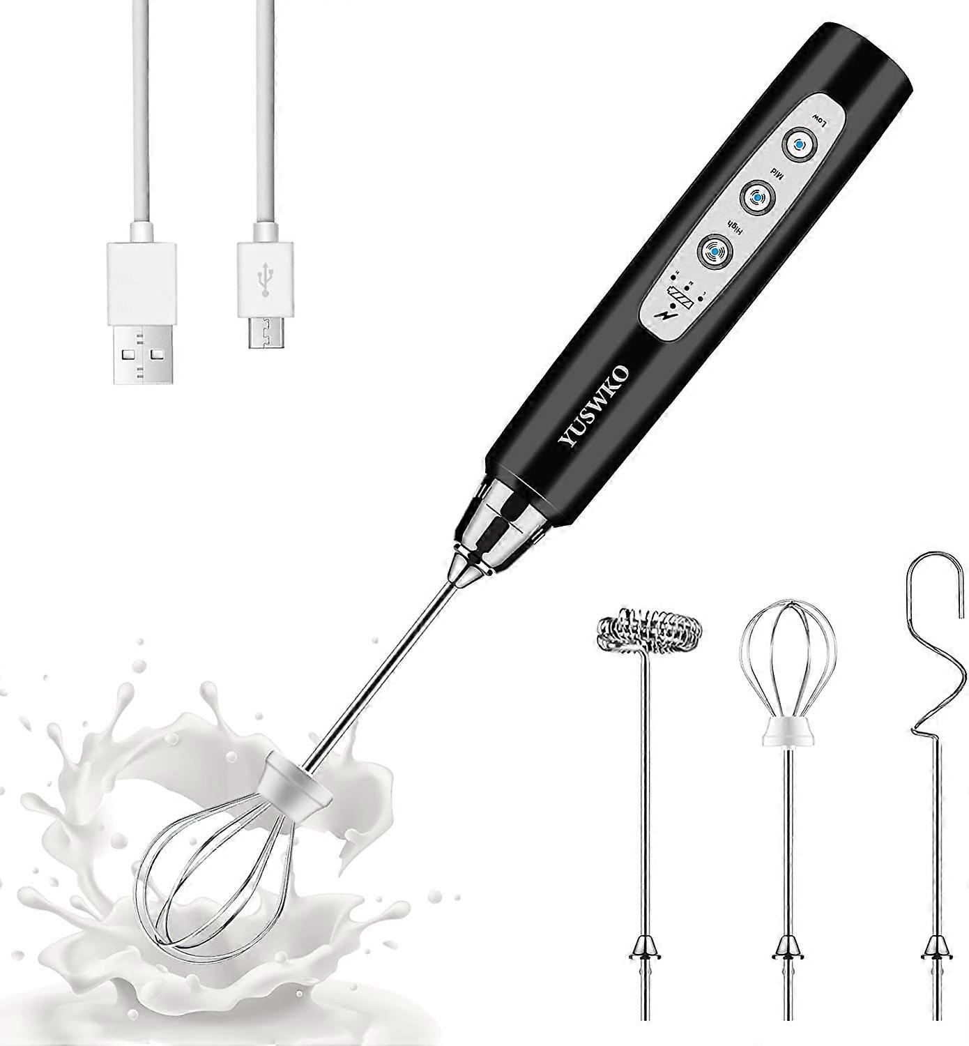 Electric Milk Frother Handheld with 3 Heads, Coffee Whisk Foam Mixer with USB Rechargeable 3 Speeds