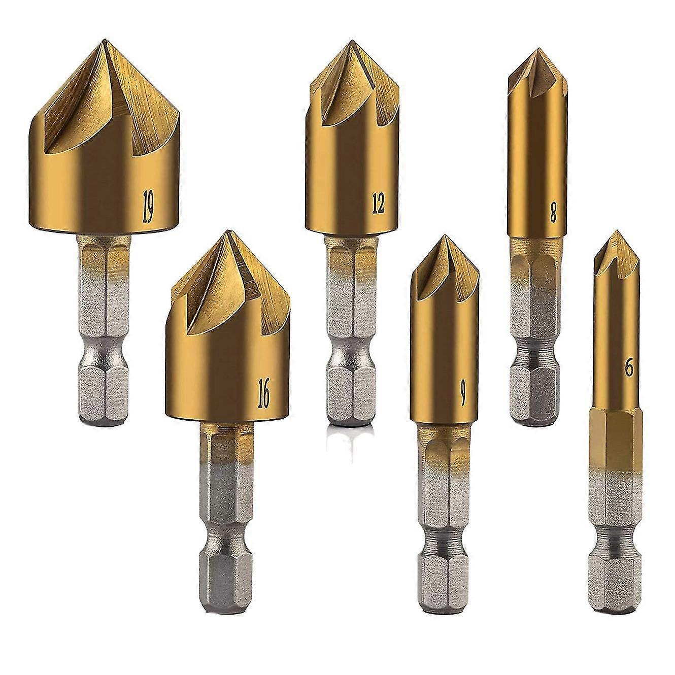 6 Pcs 1/4inch Hex Shank Countersink Drill Bits Center Punch Set Hss 5 Flute Countersink 90 Degree C