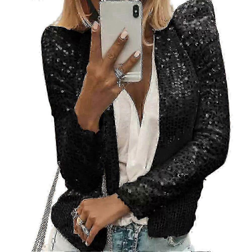 Jacheta de paiete pentru femei Open Front Casual Cu maneca lunga Cardigan Coat Collarless Glitter Jacheta scurta