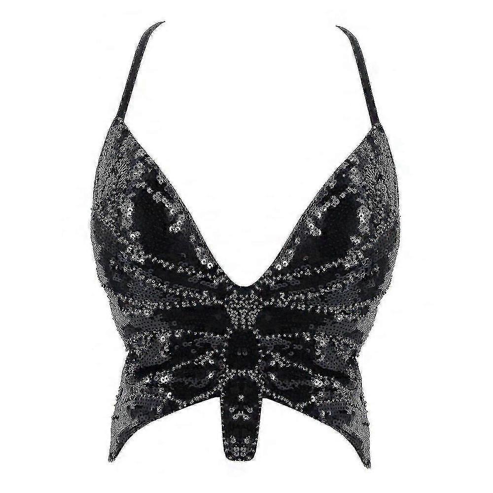 Christmas Butterfly Sequin Crop Top Women Summer Backless V Neck Sexy Club Costume Outfits Festival Clothes Bandage Bra Tops