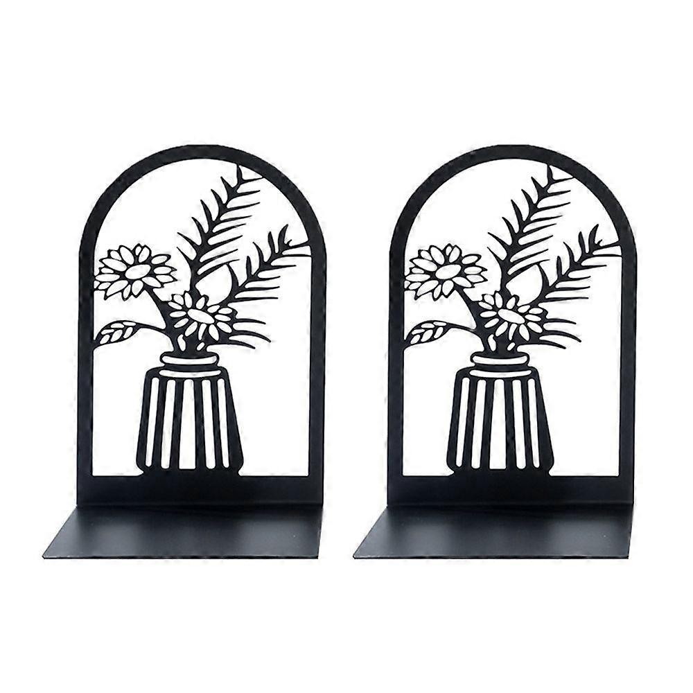 2Pcs Bookshelf Book Ends Hollow Flower Carved Pattern Vase Bookends L-Shaped Design Anti-Slip Book Holder