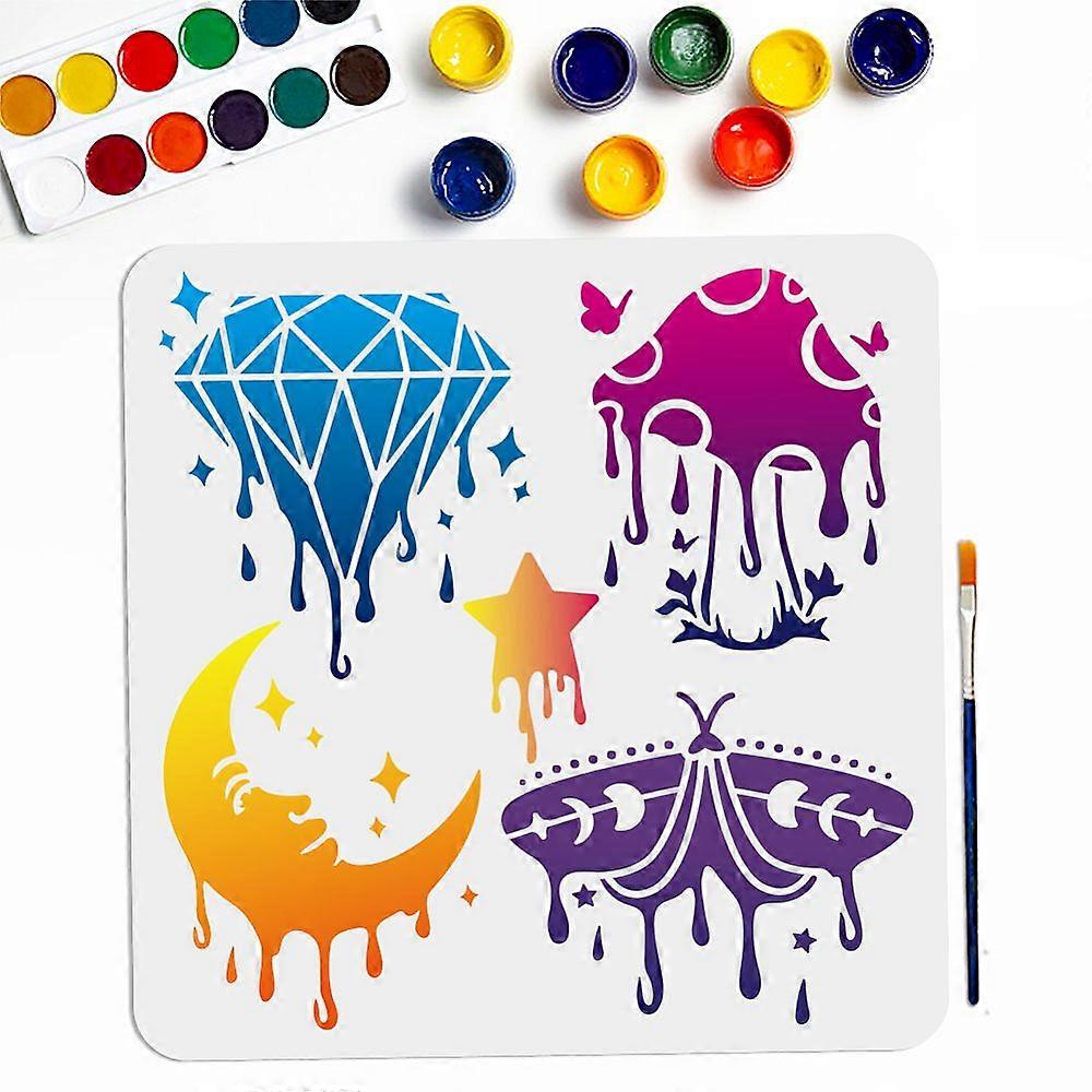 1Pc Melting Theme PET Hollow Out Drawing Painting Stencils with 1Pc Art Paint Brushes for DIY Scrapbook Photo Album Mixed Shapes 300x300mm