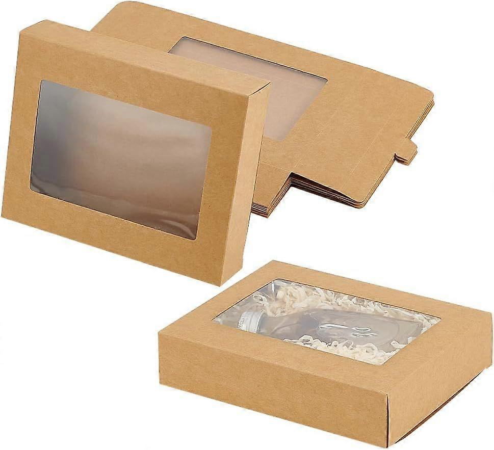 12 Packs Kraft Paper Box 7x5.7x1.5 Inch Candy Gift Boxes Rectangle Treat Boxes with Clear Window for Display Cookie Donut Wedding Package Supplies Bur
