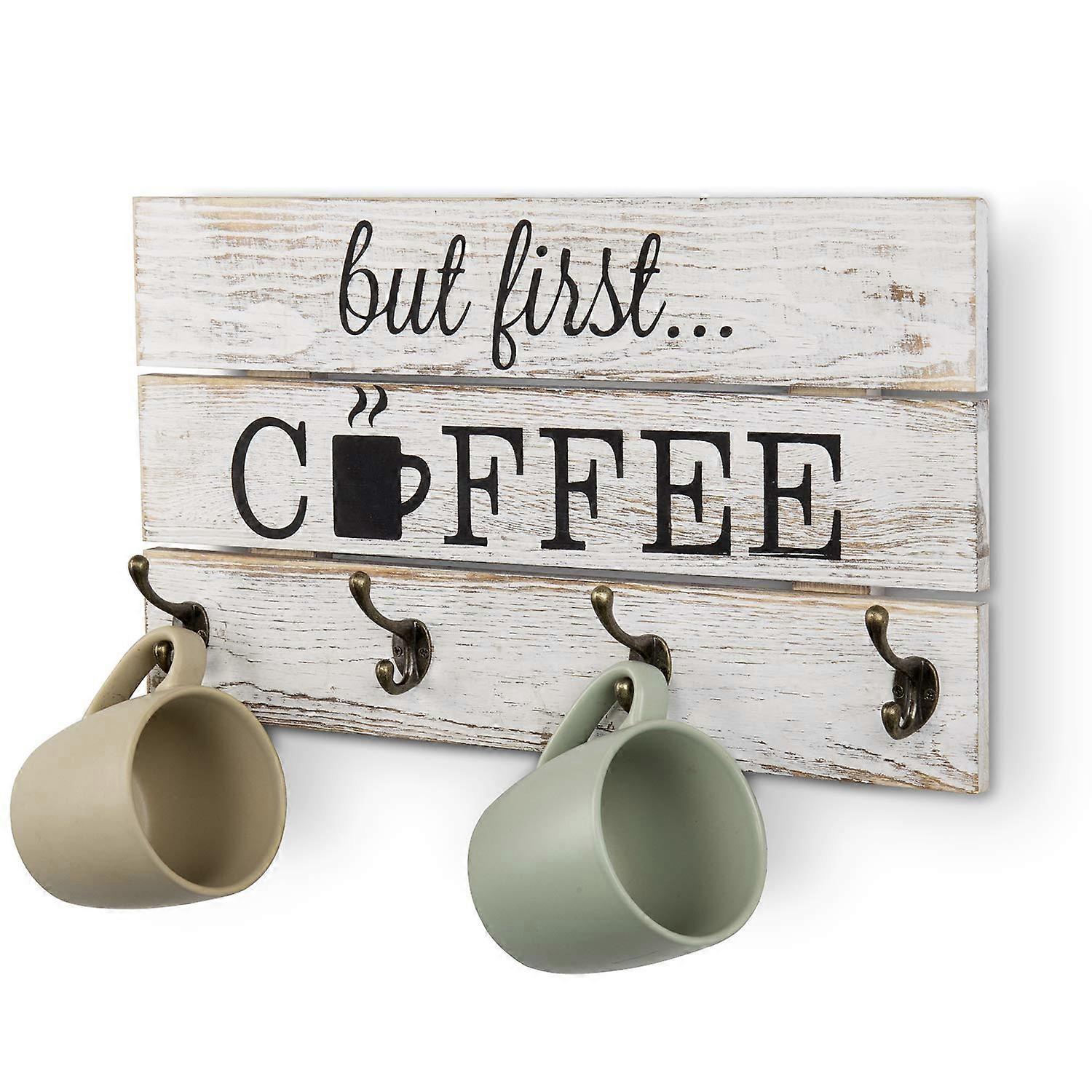 8-Hook Wall Mounted Mug Rack with "But First Coffee" Quote