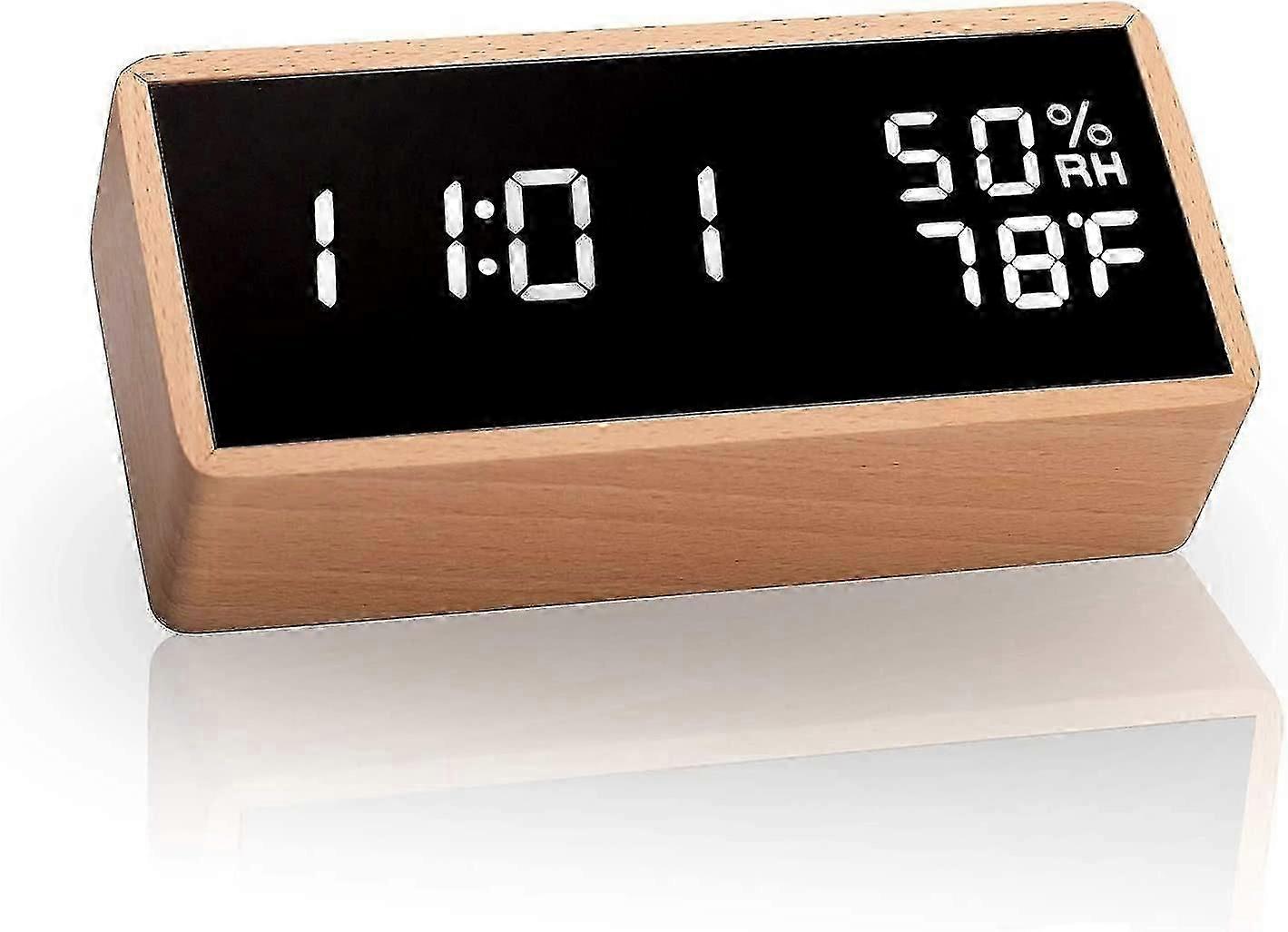Electronic Alarm Clock, Wooden Digital Alarm Clock With 3 Alarm Settings, Usb Powered Digital Clock With Time, Temperature And Humidity Led Display