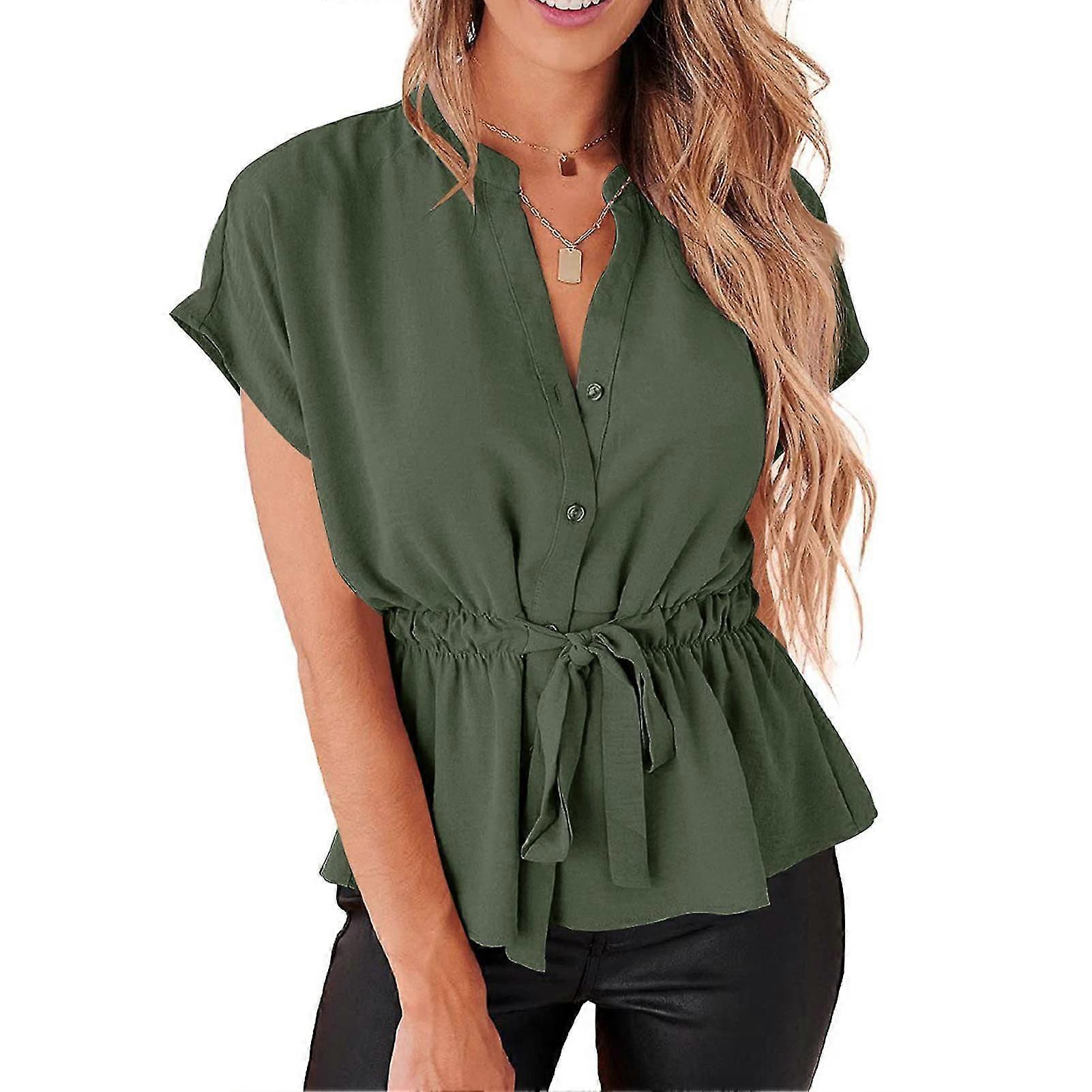 OD Green Damen-Button-Down-Bluse mit V-Notch-Ausschnitt und Rüschensaum
