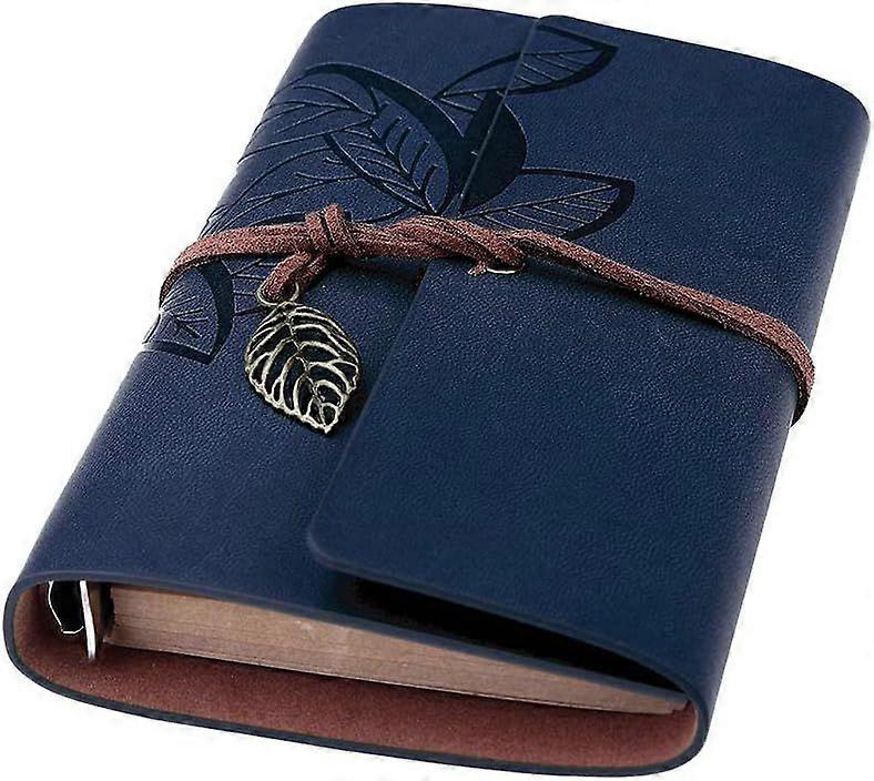 Leather Hardcover Notebook,(Dark Blue, 7 Inch) Mens Diary Journal Classic Leaf Embossed Spiral String Notepad Sketchbook with Unlined Paper, Retro Pen