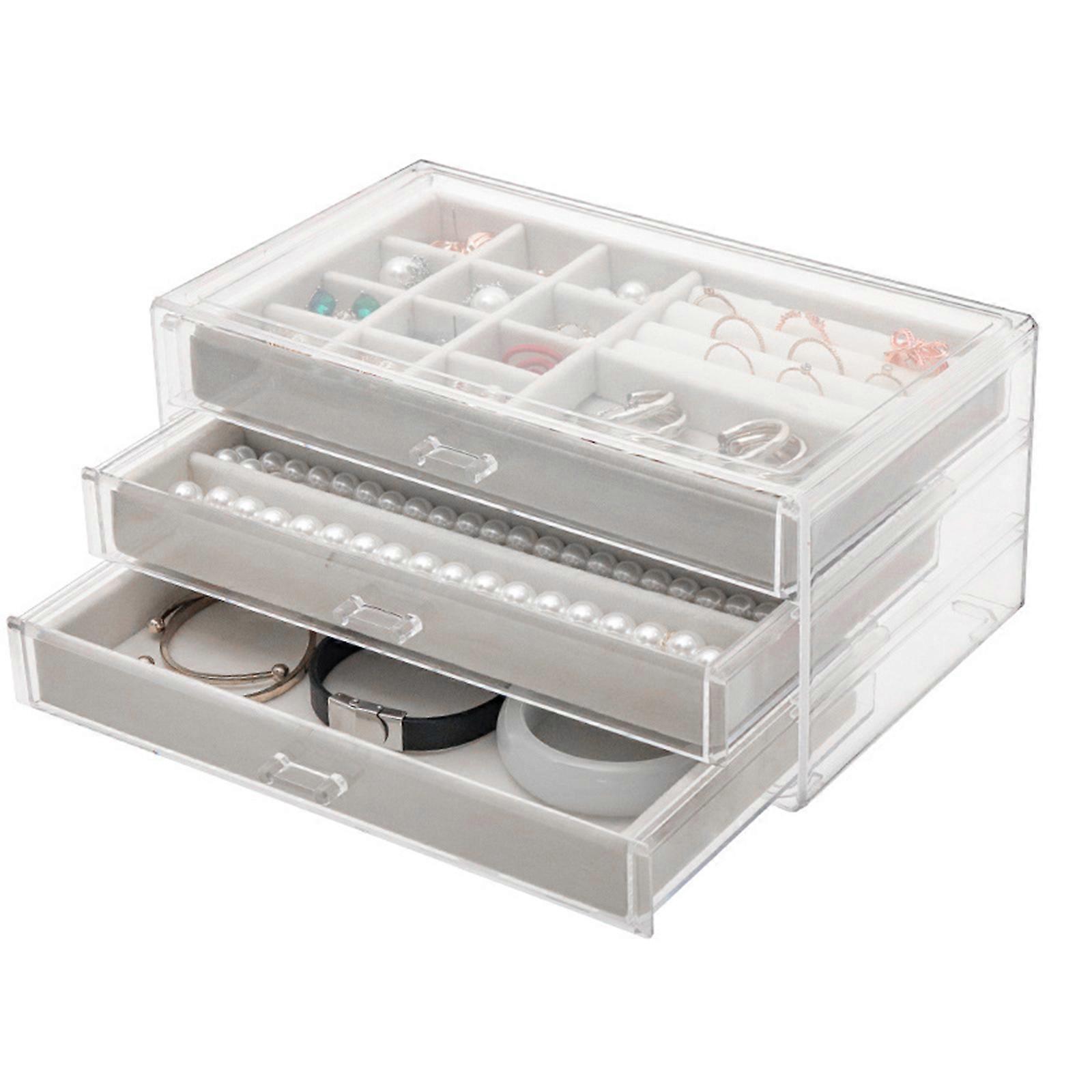 Acrilico Gioielli Organizer Scatola con 3 Cassetti Custodia Antipolvere per Perle Collana Accessori di Stoccaggio Display Vassoio Grigio