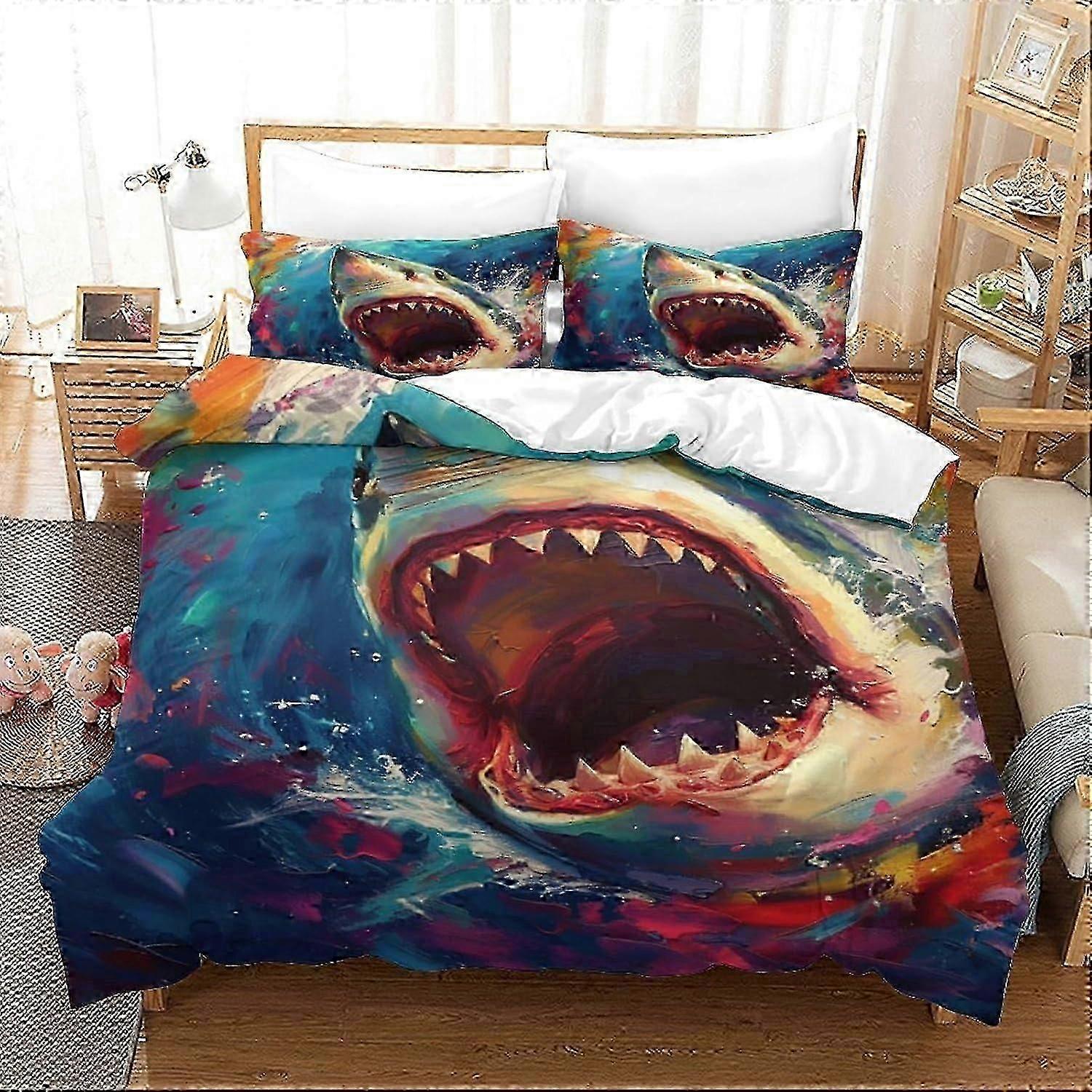 J2242 Lençóis VesFy Tubarão Feroz para Meninos Meninas Capa de Edredão Impresso em 3D Capa de Colcha de Animais do Oceano Capas de Edredom com Fecho de Zíper Roupa de Cama Se