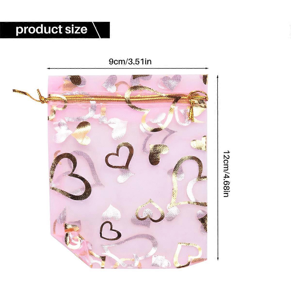 100 PCS 9X12cm Heart Printed Pink Organza Bags