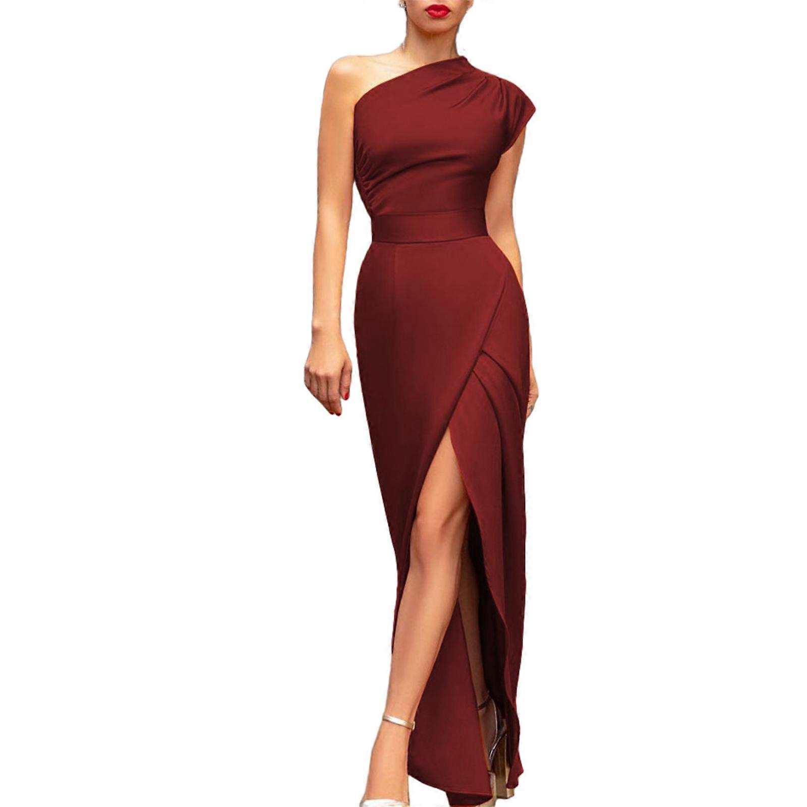 Stylish One Shoulder Bodycon Dress with Thigh Split Ruched Style Suitable for Formal Gatherings and Date Nights  Burgundy XL