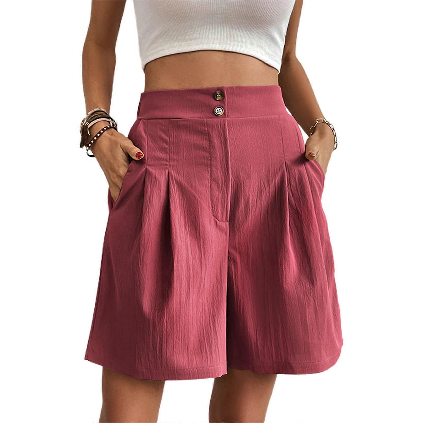 Loose Fit High Waist Short Pants Trendy Shorts Solid Color with Two Pockets Korean Style Button Closure Daily Short Pant  mahogany color XL