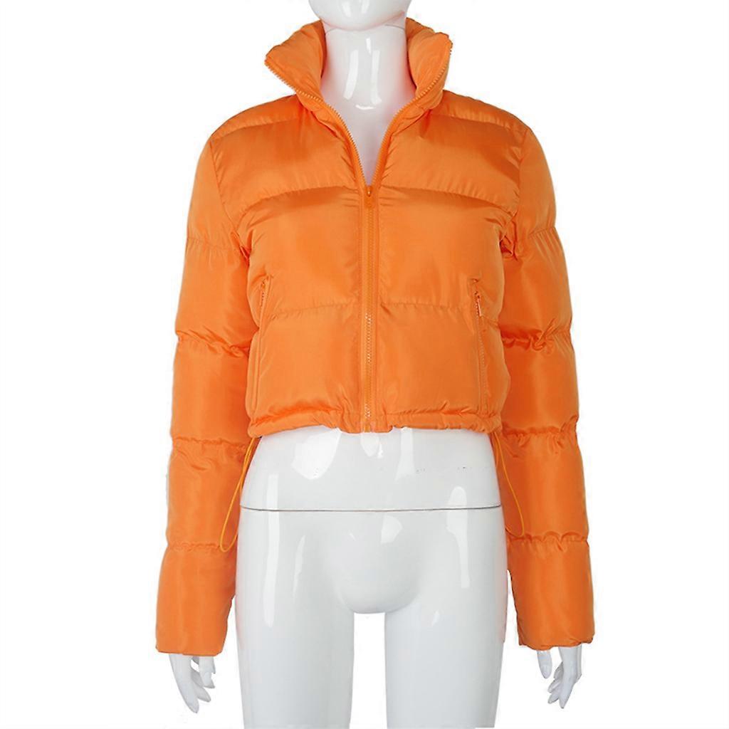 Damen Cropped Puffer für Jacke Langarm Reißverschluss Gesteppter kurzer Bubble Mantel Kordelzug Saum Slim Parkas Outwear mit Poc XL Orange