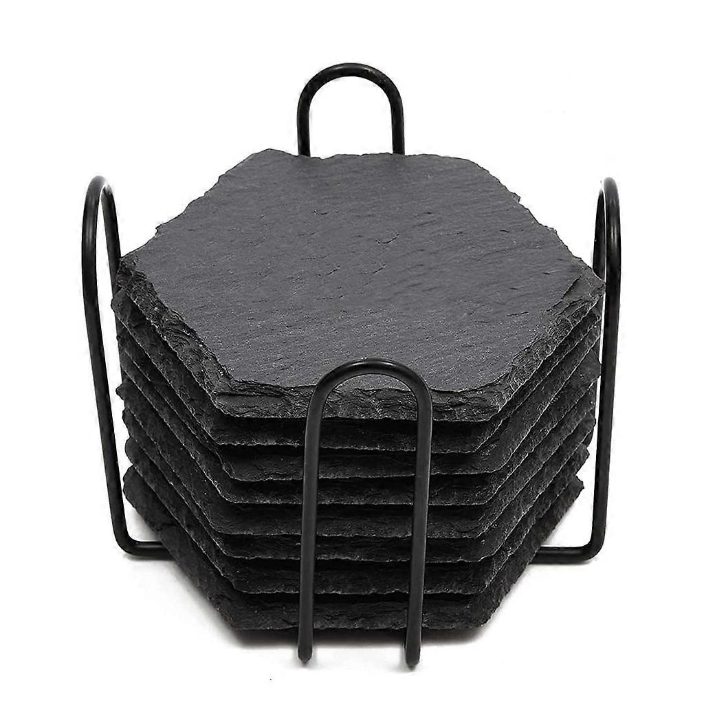 Set of 8 Natural Stone Material Slate Coasters with Iron Storage Rack 3 Styles to Choose Cup Coasters Tables Decorations