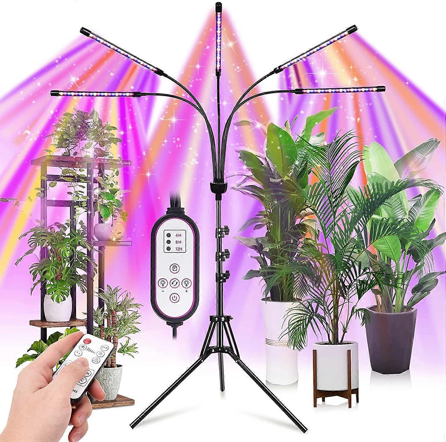 LED Grow Light for Indoor Plants 5 Heads Full Spectrum Plant Light with Adjustable 15 60' Tripod Stand Remote Control and Timer Function Blue,red